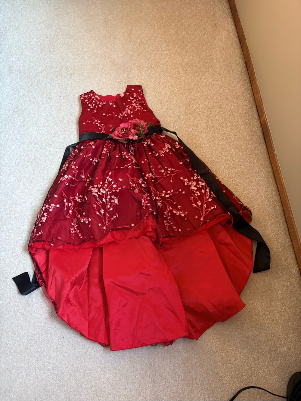 Girls' Red Floral High-Low Party Dress with Black Sash